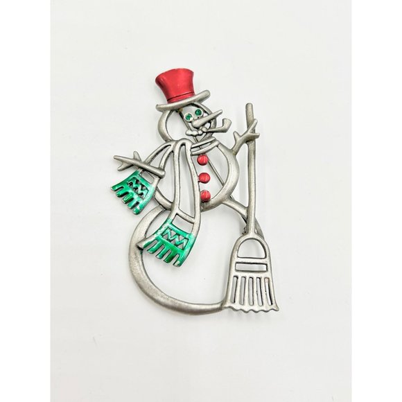 Vintage Signed JJ Snowman Christmas Holiday Brooch Pin Pewter & Enamel Red Green - Picture 2 of 8